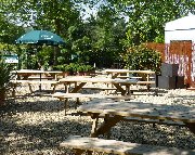 Attractive bench outdooor seats at the cafe